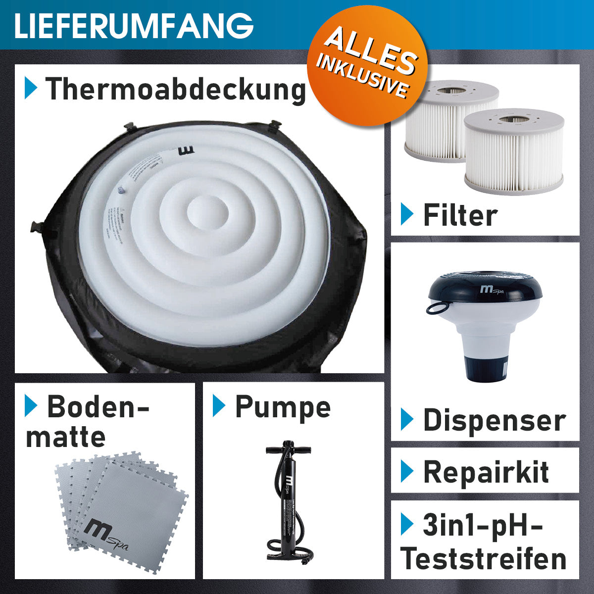 Aufblasbarer runder 6-Personen-Whirlpool mit Thermoabdeckung, Bodenmatte, Pumpe und Filterzubehör.