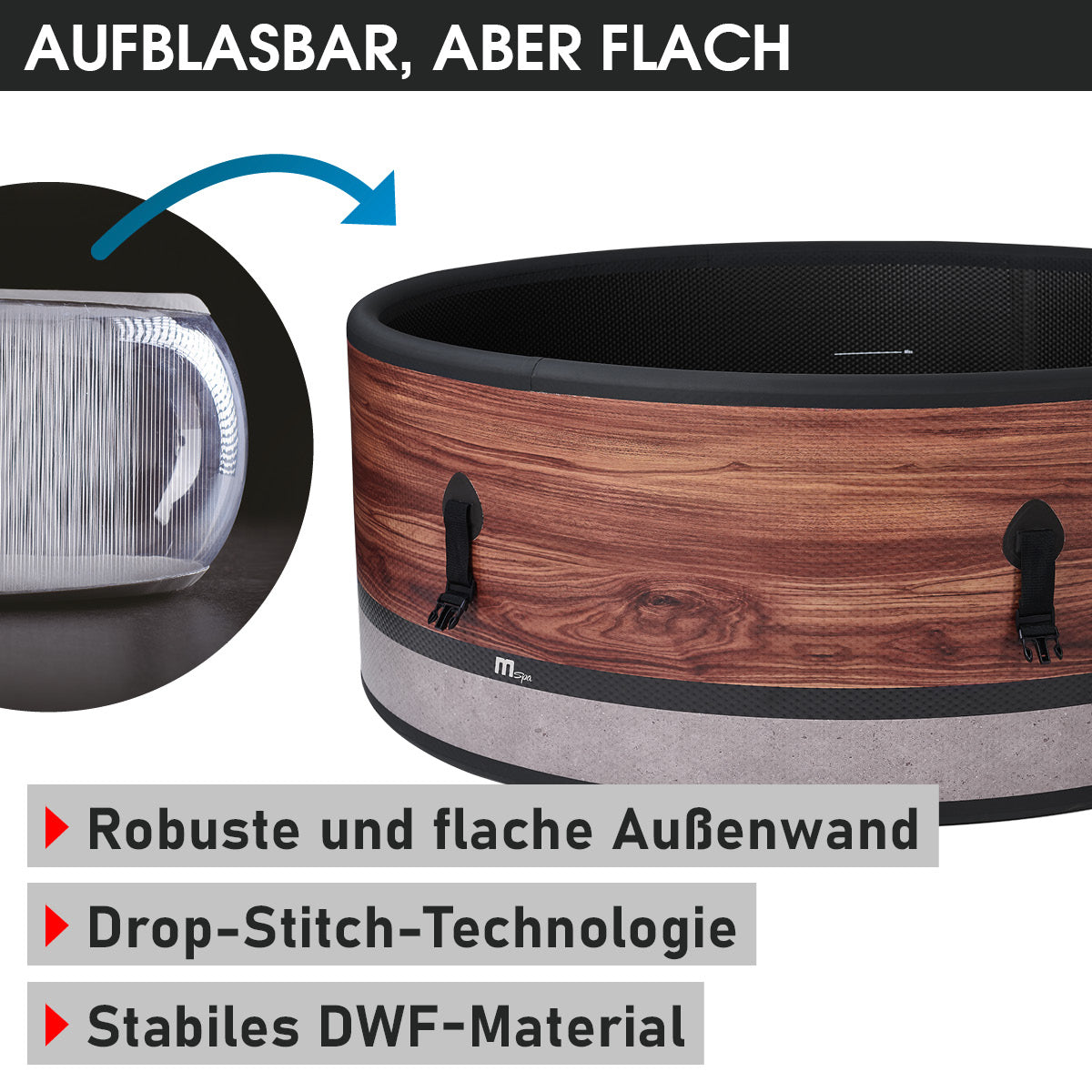 Aufblasbarer Whirlpool mit Holzoptik, robust und flache Außenwand, schwarz innen, sechs Personen.