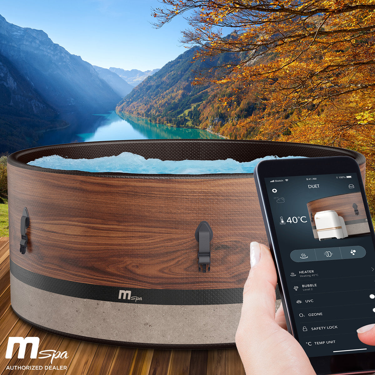 Aufblasbarer Whirlpool mit Holzoptik, rund für 6 Personen, gesteuert per Smartphone-App.