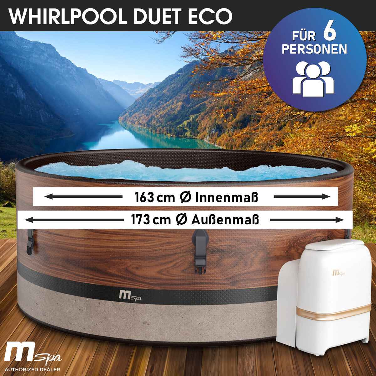 Aufblasbarer Whirlpool mit Holzoptik, rund, für 6 Personen, inklusive Steuergerät, 173 cm Durchmesser außen.