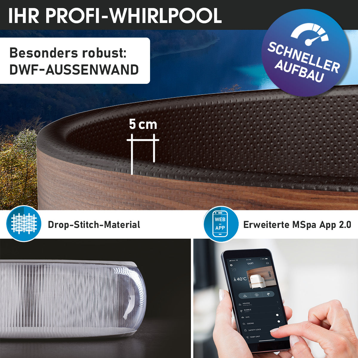 Runder aufblasbarer Whirlpool mit brauner Holzoptik und stabiler, 5 cm dicker Außenwand aus DWF-Material.
