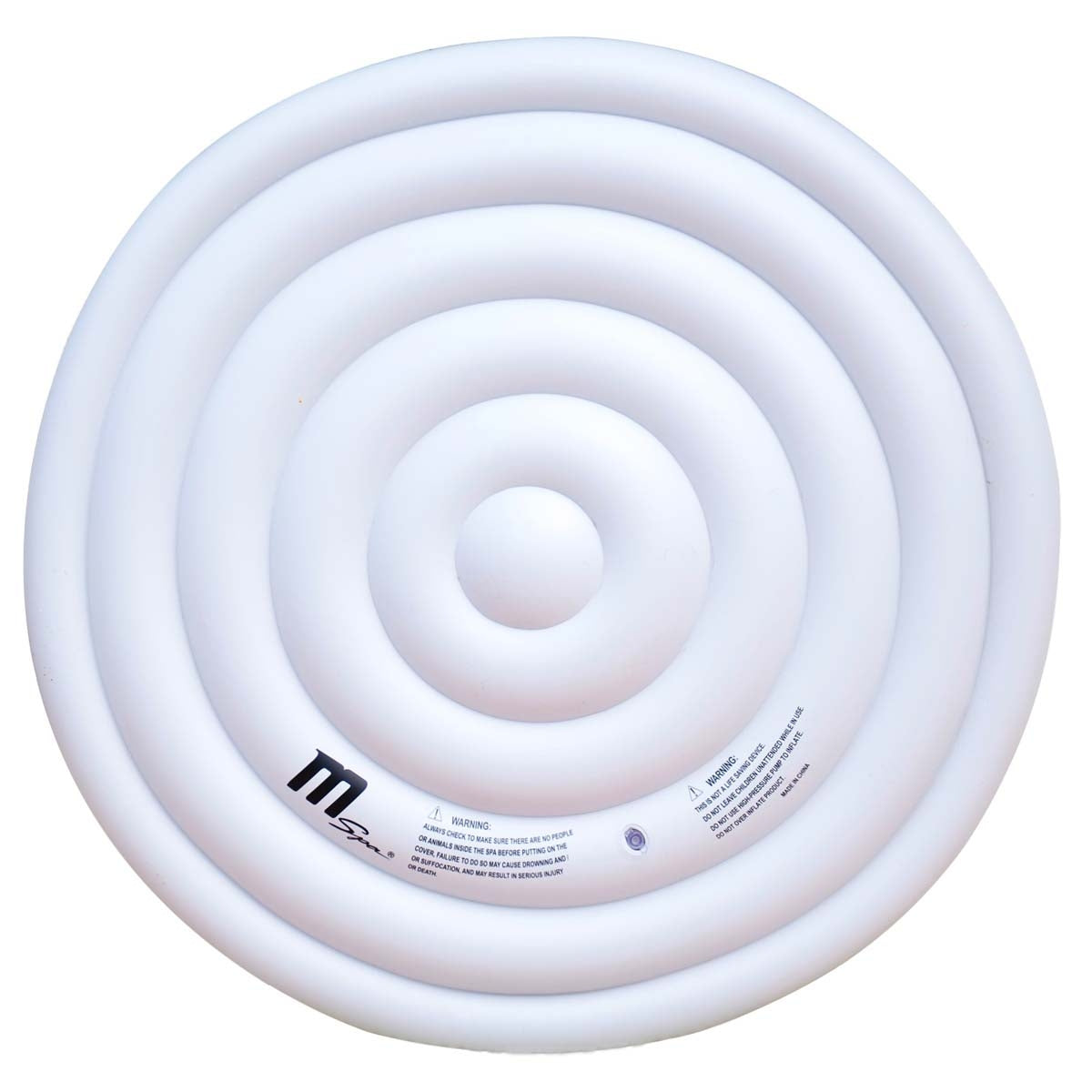 Runde weiße aufblasbare Thermoabdeckung mit konzentrischen Ringen für 6-Personen-Whirlpool.