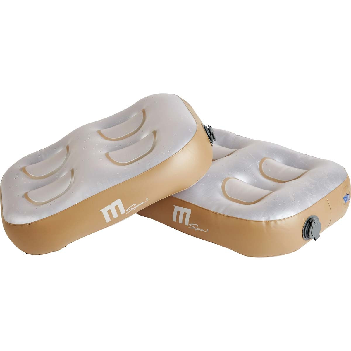 Beiges aufblasbares Sitzkissen-Set für Whirlpool mit ergonomischer Muldenform und Ventilverschluss.