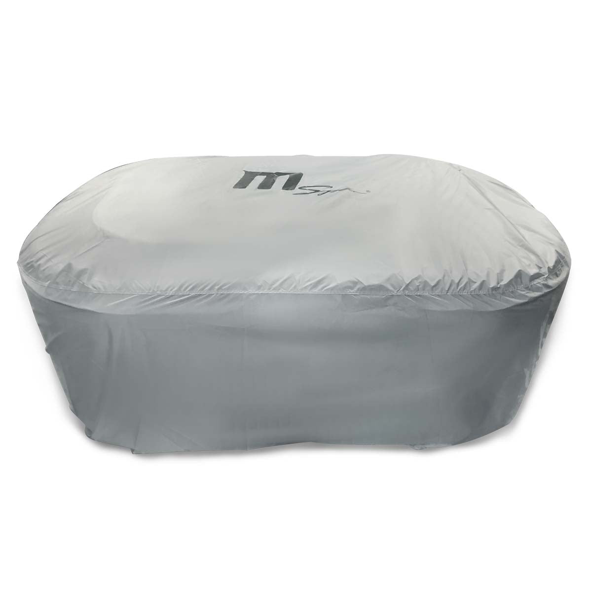 Graue Abdeckhaube aus wasserabweisendem Material für 2-Personen Whirlpool mit MSpa-Logo.