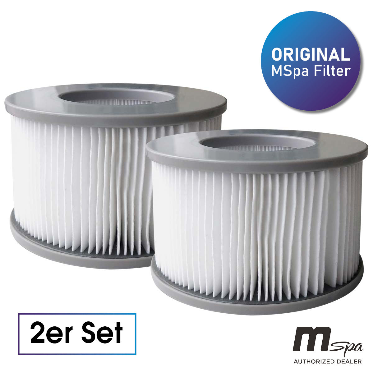 Zwei weiße runde Whirlpoolfilter mit grauem Rand, pleated Design, 2er Set.