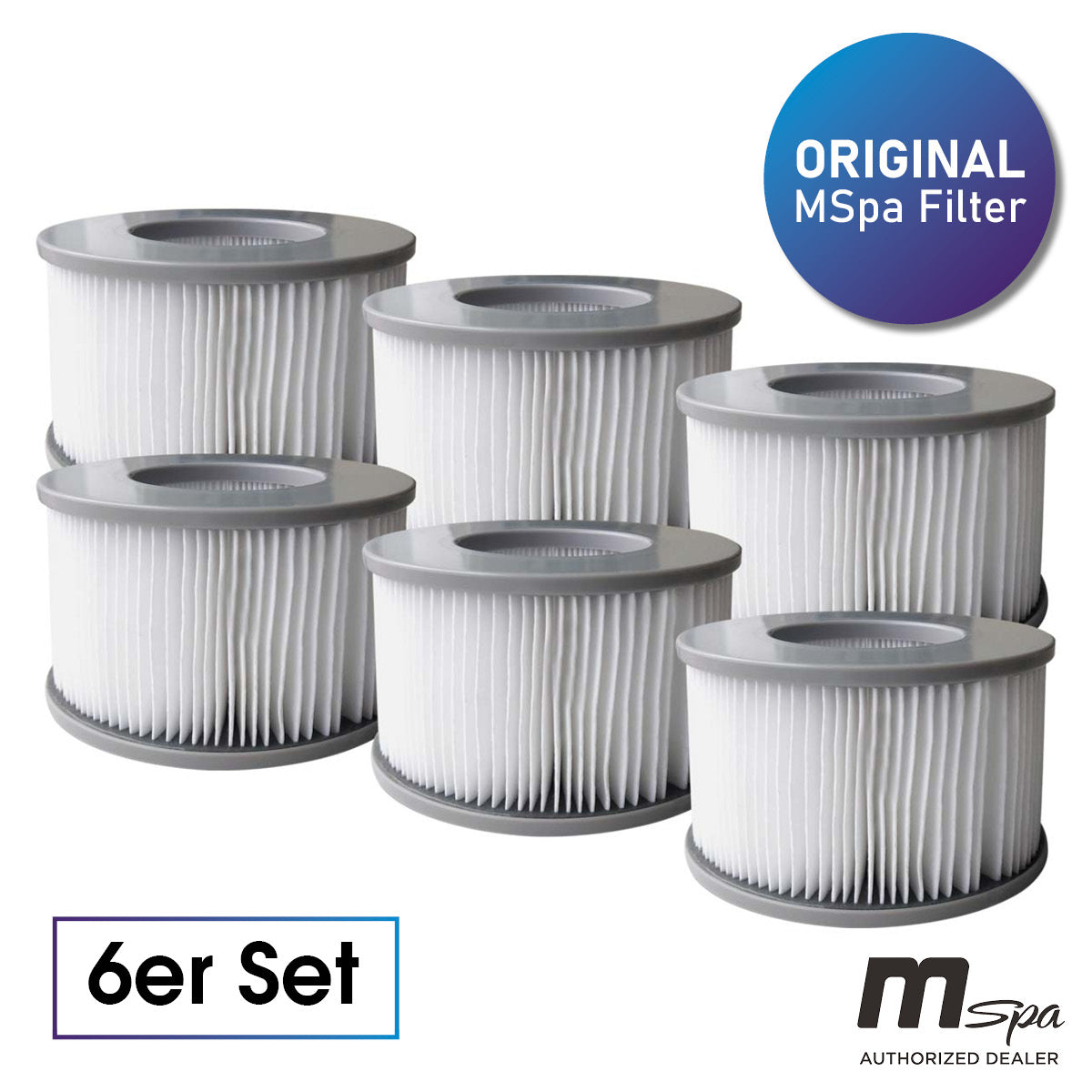 Sechs weiße MSpa Whirlpool Filter mit grauem Rand im Set vor weißem Hintergrund.