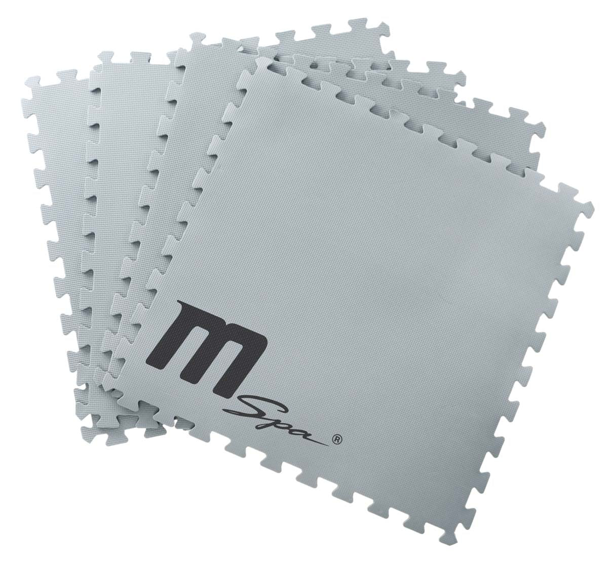 Hellgraue, wärmeisolierende Schaumstoff-Bodenmatte mit Puzzlekanten und MSpa-Logo.