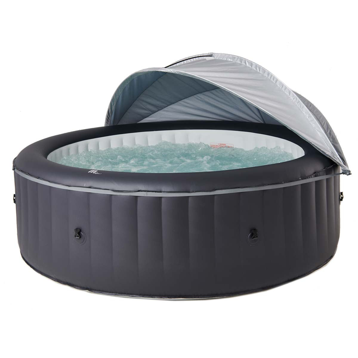 Schwarzer aufblasbarer Whirlpool mit halb geöffnetem silbernen Sonnendach aus Stoff.