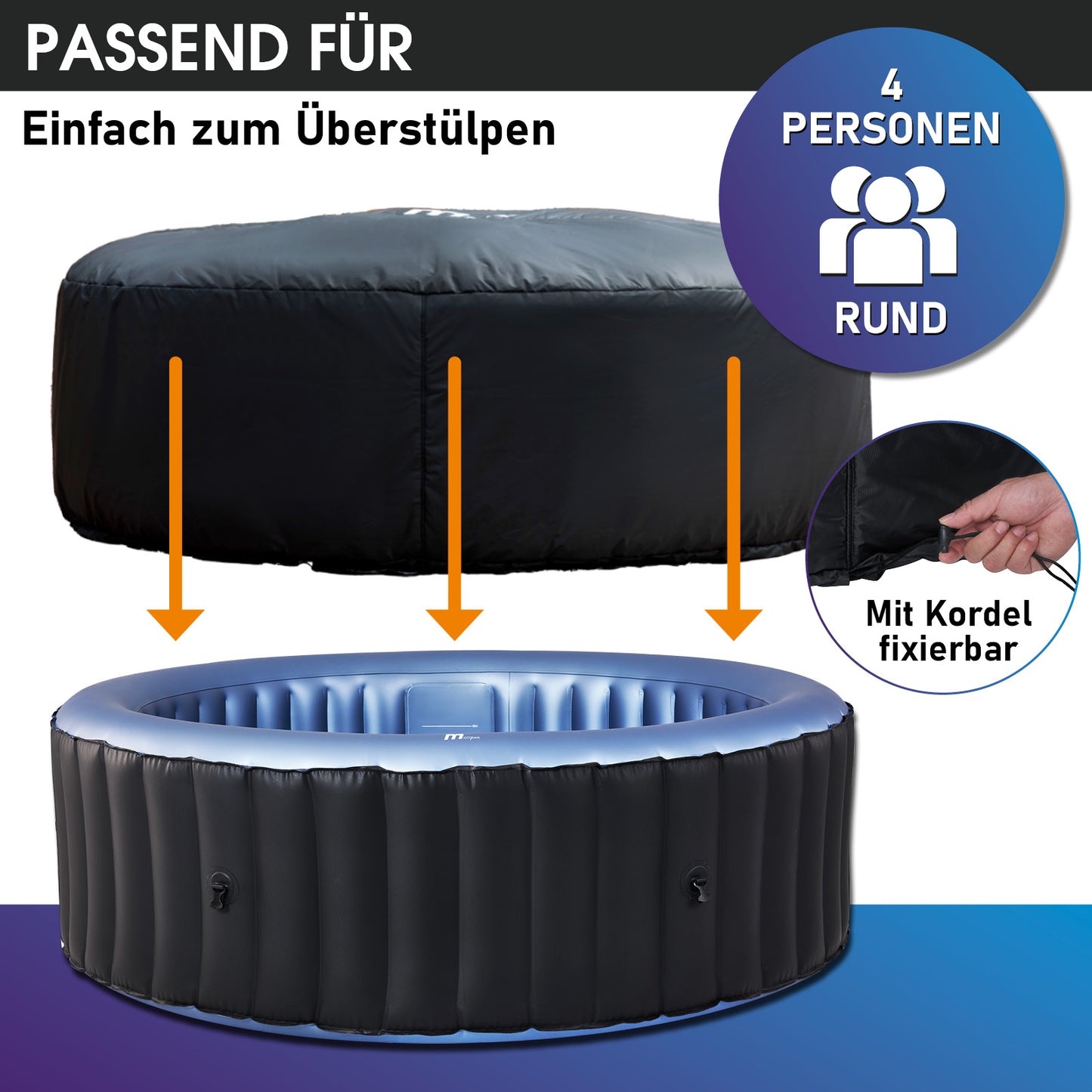 Runde schwarze Thermoabdeckung für MSpa Whirlpool, wasserabweisendes Material, mit Kordel zum Fixieren.
