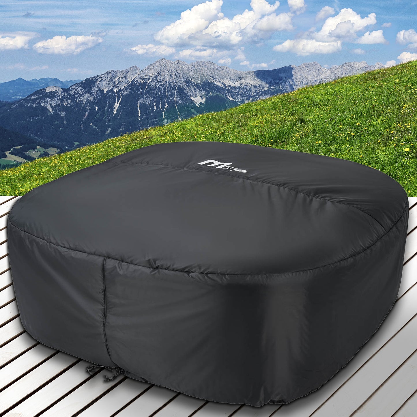 Schwarze, quadratische Thermoabdeckung für MSpa Whirlpool, wetterfest und robust, passend für 4 Personen.
