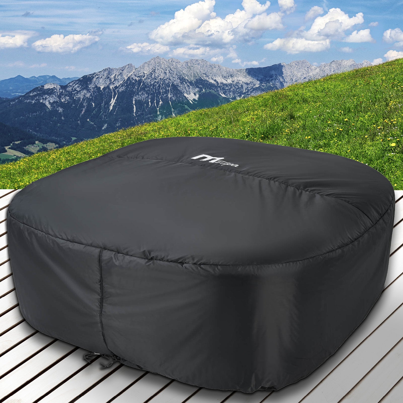 Schwarze, quadratische Thermoabdeckung für MSpa Whirlpool, wetterfest und robust, passend für 4 Personen.