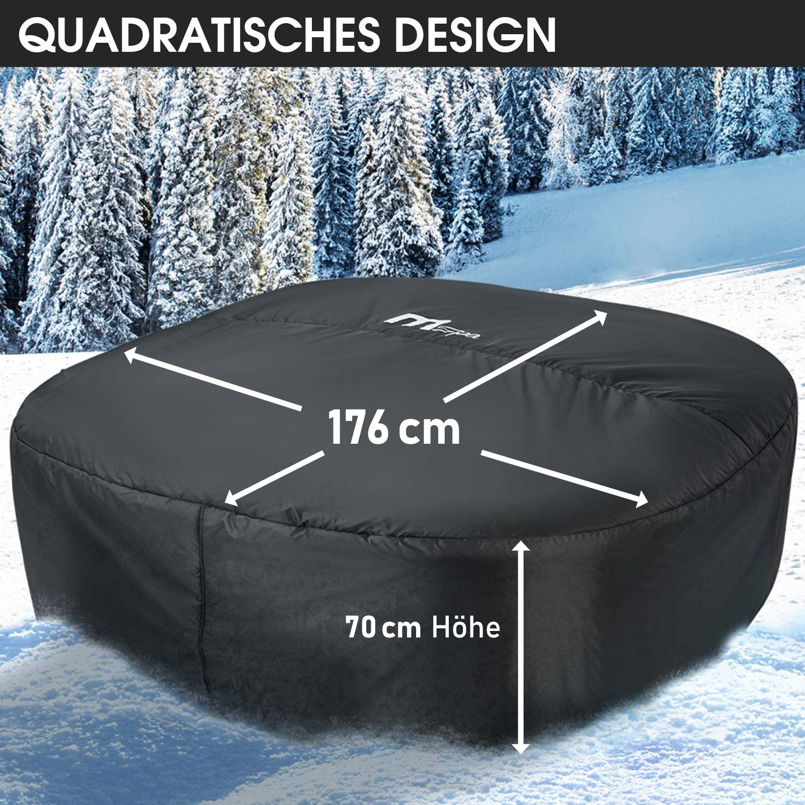 Quadratische schwarze Thermoabdeckung für Whirlpool, 176 cm breit, 70 cm hoch, wetterfest.