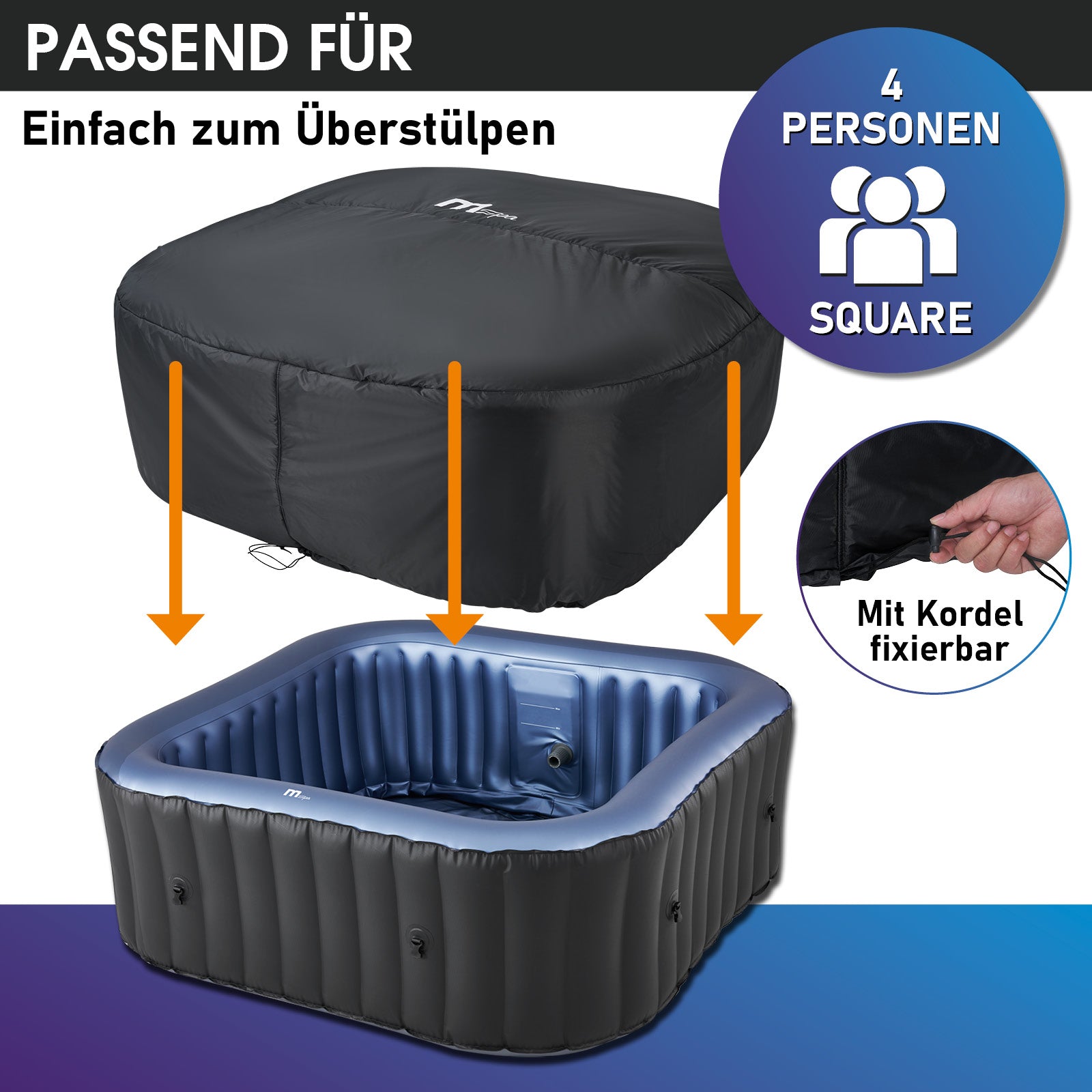 Schwarze, quadratische Thermoabdeckung aus strapazierfähigem Material mit Fixierkordel für 4-Personen-Whirlpool.