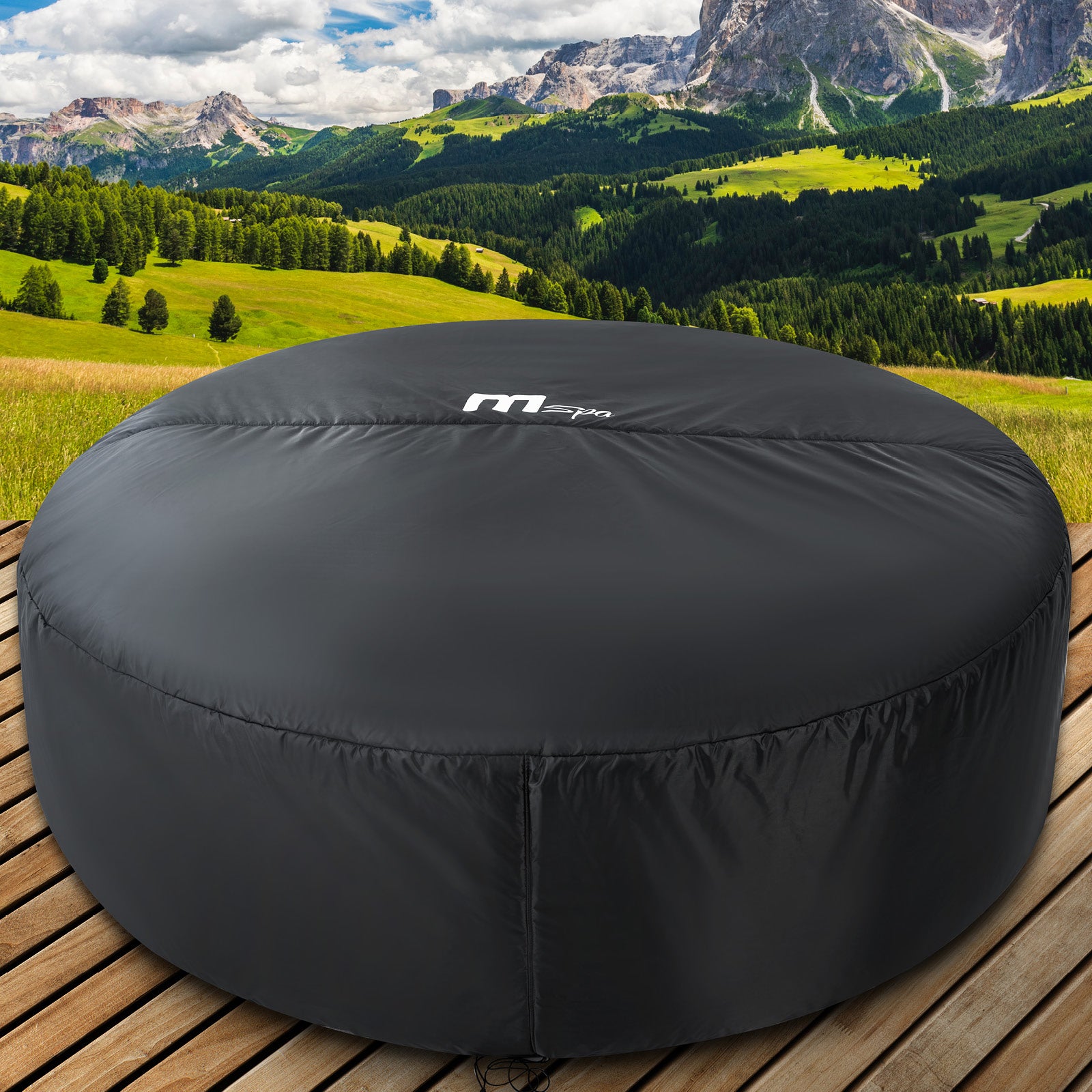 Runde schwarze Thermoabdeckung aus wetterfestem Material für 6-Personen-Whirlpool auf Holzdeck.