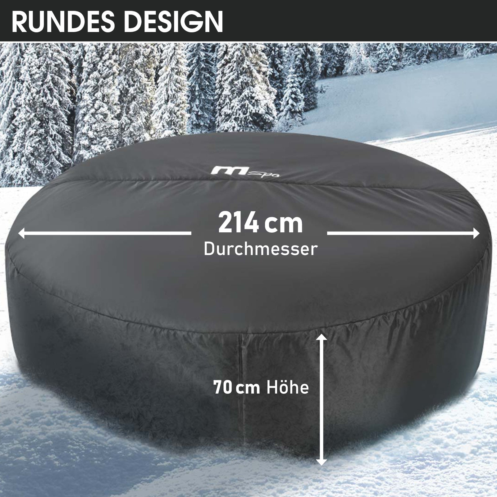 Runde schwarze Thermoabdeckung aus robustem Material, 214 cm Durchmesser, 70 cm hoch, für 6-Personen-Whirlpool.