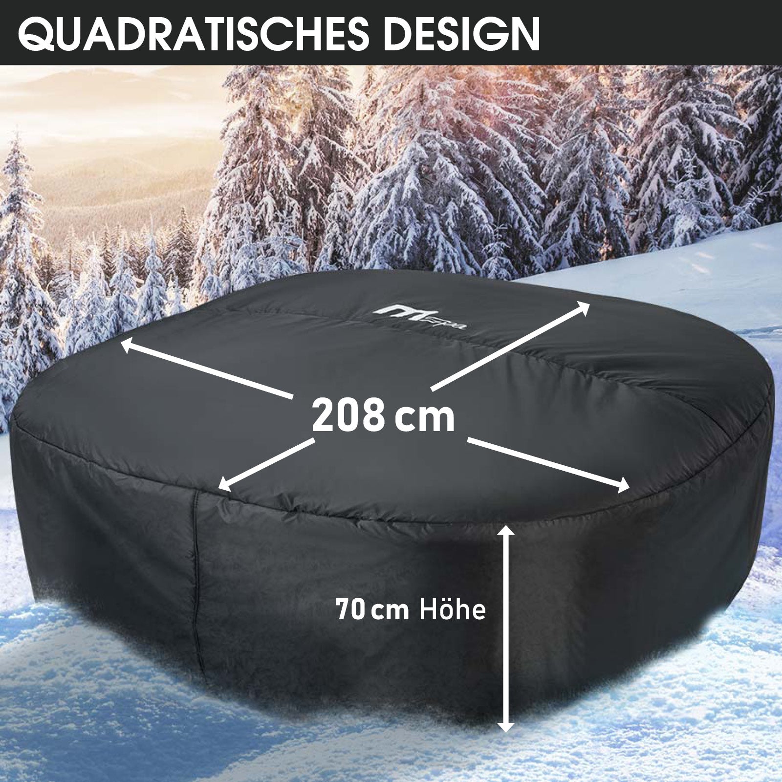 Schwarze, quadratische Thermoabdeckung aus wasserdichtem Material, 208 cm breit, 70 cm hoch, für 6-Personen-Whirlpool.