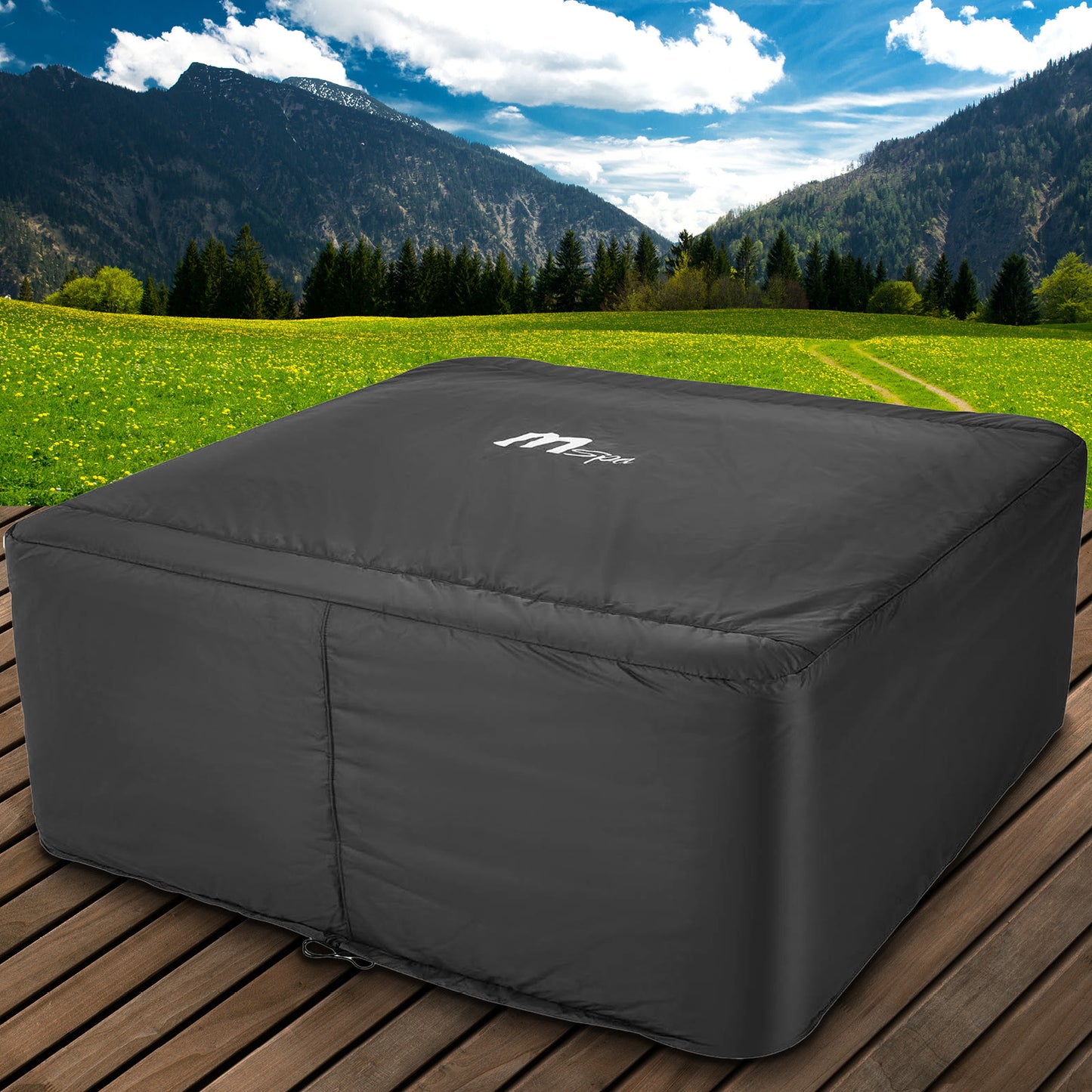 Schwarze Thermoabdeckung für rechteckigen MSpa Whirlpool OSLO auf Holzterrasse.