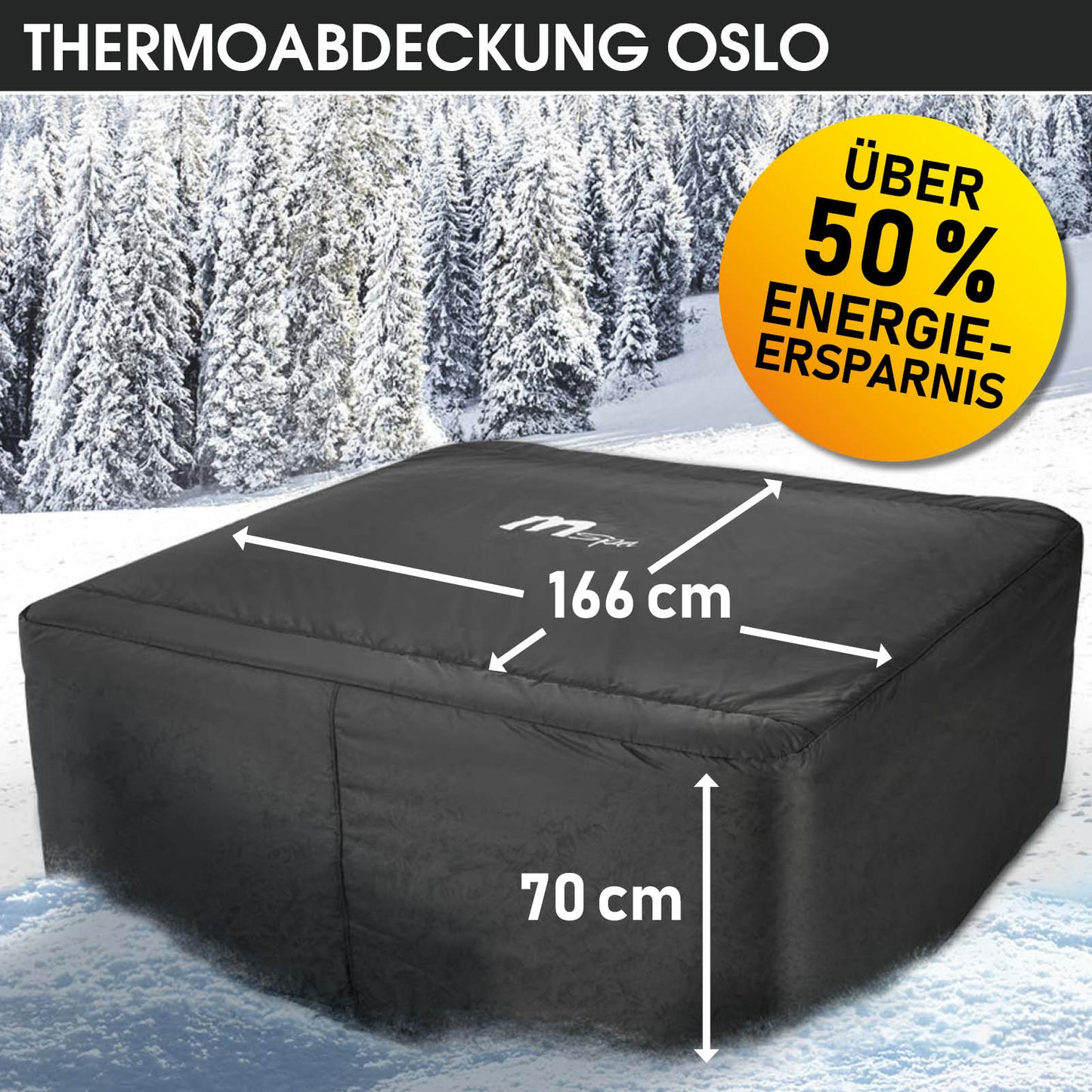 Schwarze, quadratische Thermoabdeckung für MSpa Whirlpool OSLO, wetterfestes Material, Maße 166 x 166 cm, 70 cm hoch,.