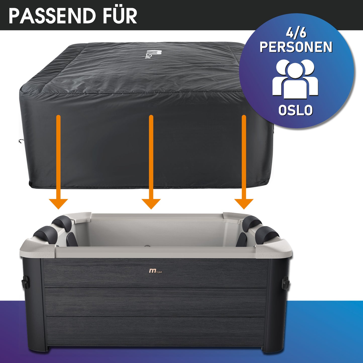 Schwarze, wasserabweisende Thermoabdeckung für MSpa Whirlpool OSLO, rechteckig, passend für 4-6 Personen.