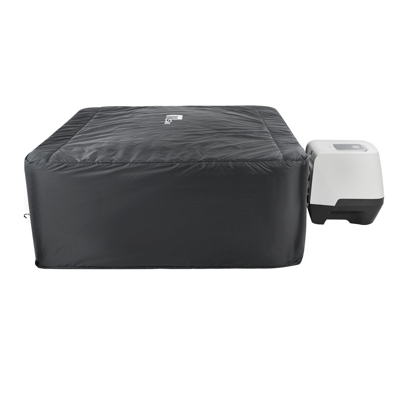 Schwarze rechteckige Thermoabdeckung aus robustem Material für MSpa Whirlpool OSLO PLUS mit klar erkennbarer Anschlussbox.