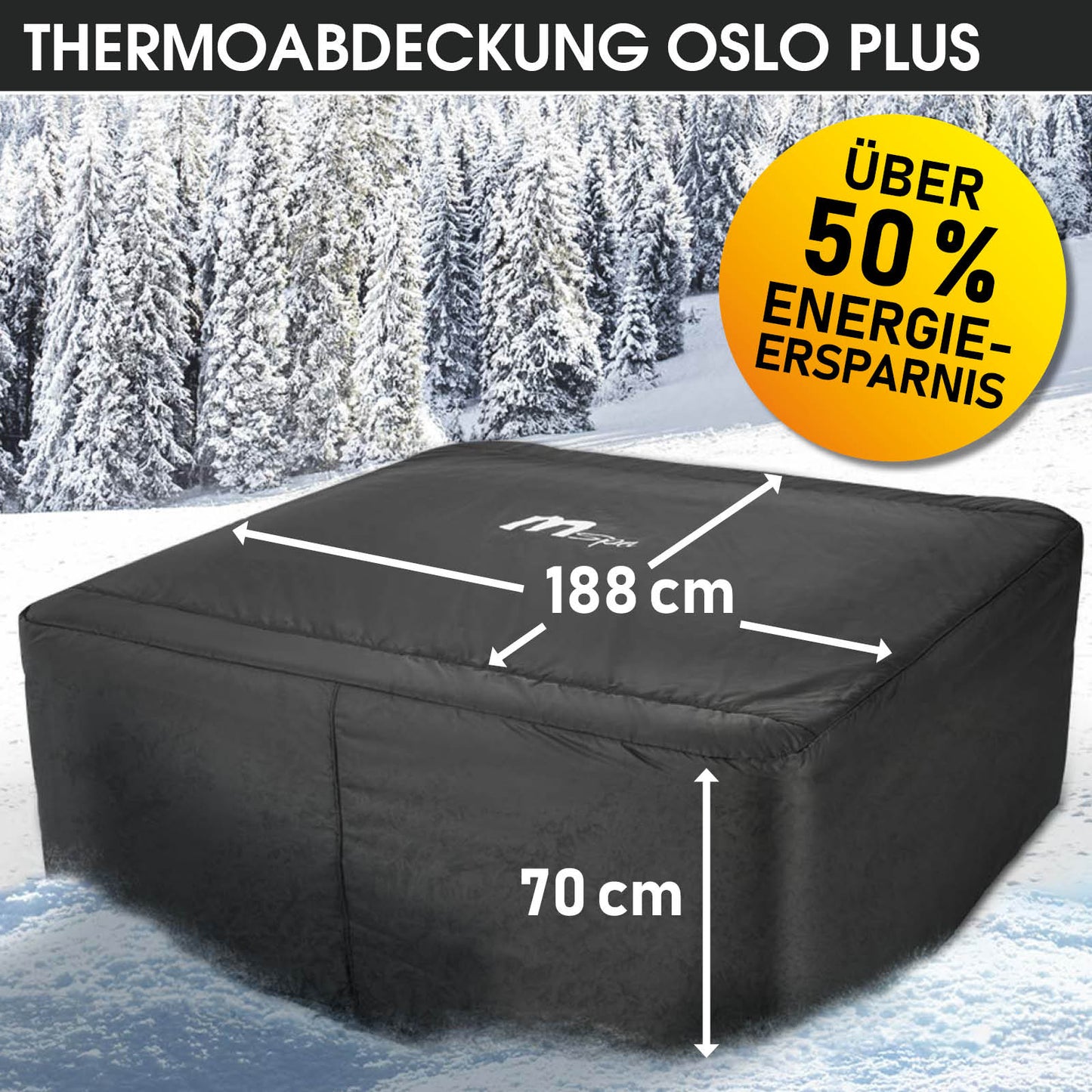 Schwarze, quadratische Thermoabdeckung für Whirlpool mit 188 cm Breite und 70 cm Höhe, wetterfestes Material.