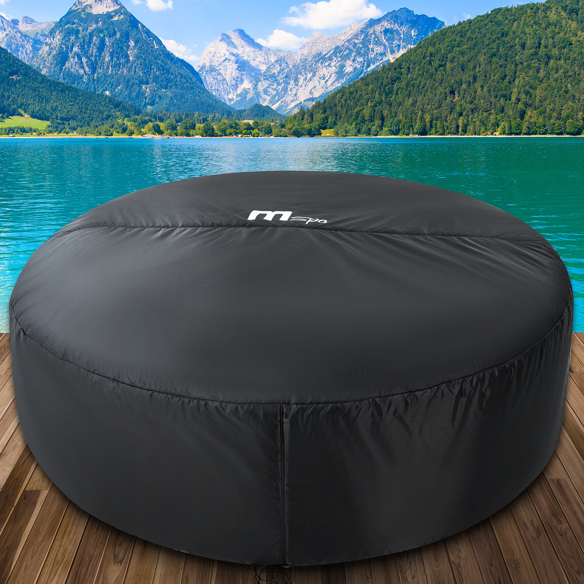 Runde schwarze Thermoabdeckung für Whirlpool mit MSpa-Logo, wetterfest und passgenau.