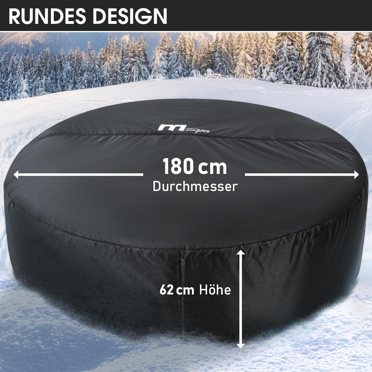 Runde schwarze Thermoabdeckung für Whirlpool, 180 cm Durchmesser, 62 cm Höhe, Außenbereich.