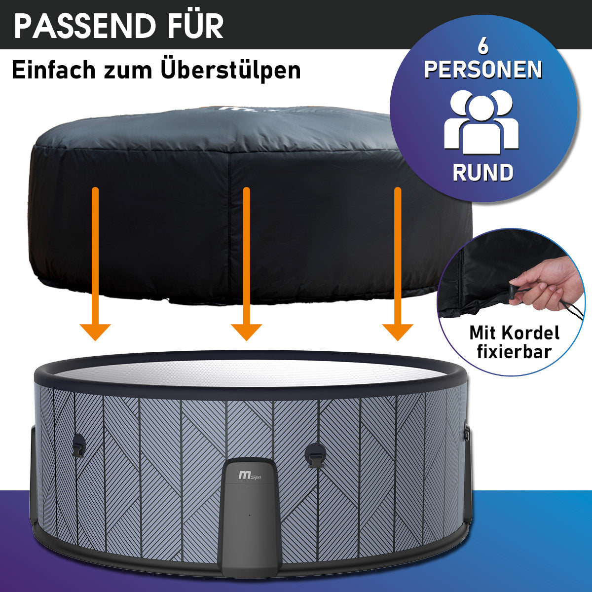 Schwarze, runde Thermoabdeckung für 6-Personen-Whirlpool, wasserabweisendes Material, mit verstellbarer Kordel zum Fixieren.