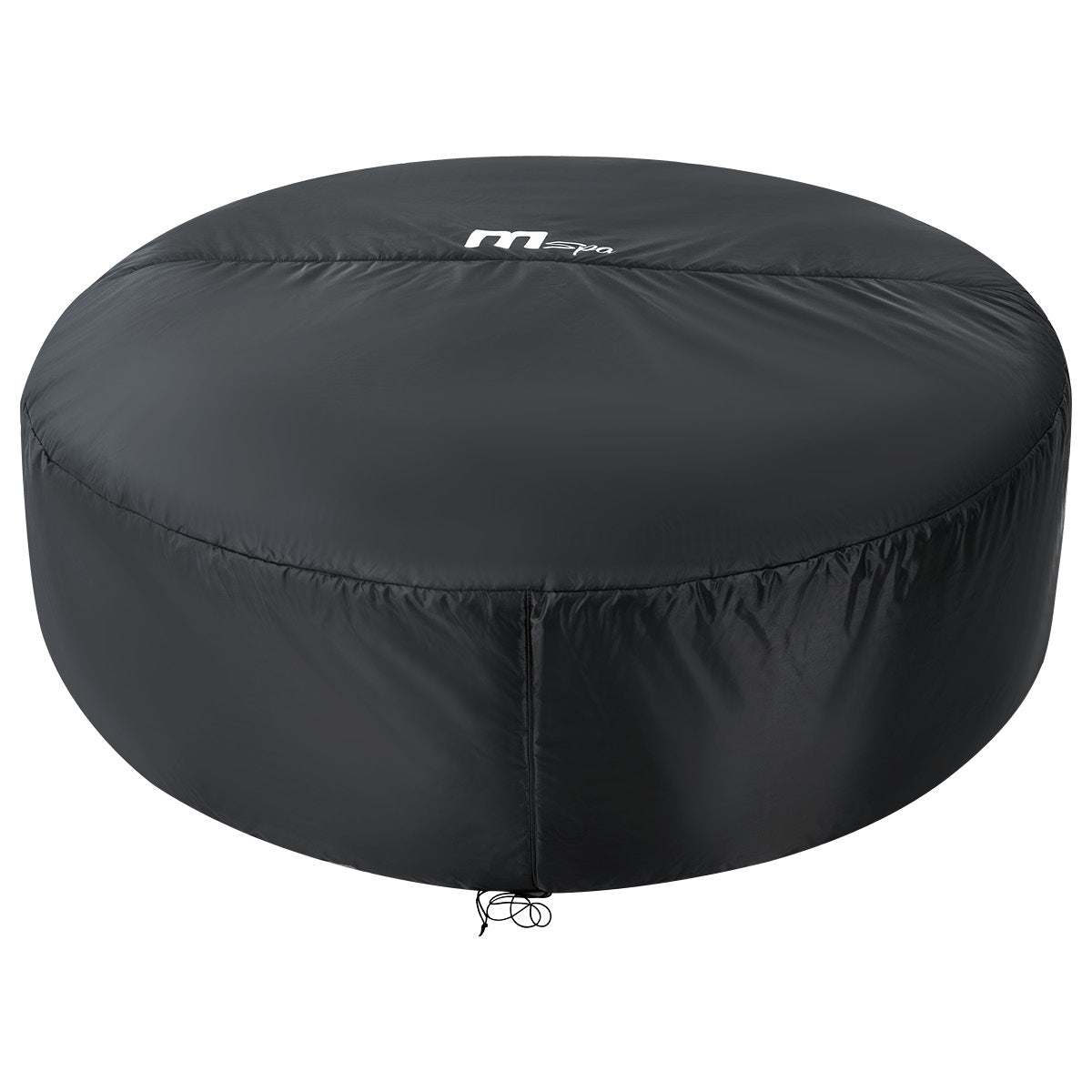 Runde schwarze Thermoabdeckung aus wetterfestem Material mit elastischem Saum und Zugband für 6-Personen-Whirlpool.