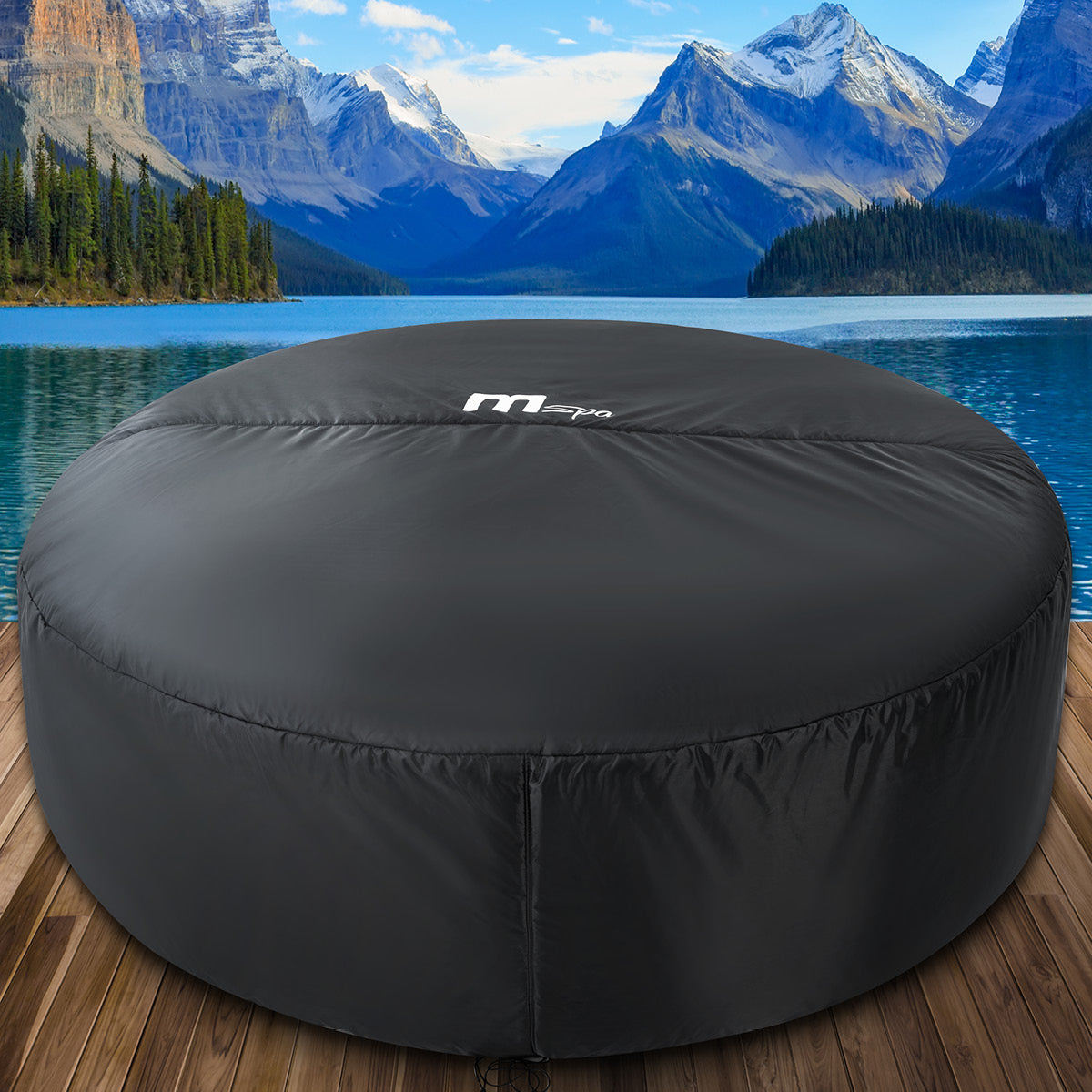 Runde schwarze Thermoabdeckung für MSpa Whirlpool, wetterfest, mit elastichem Saum.