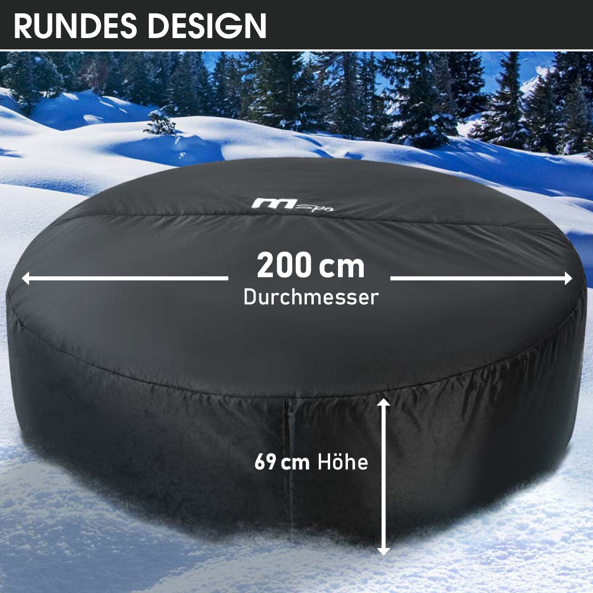Runde schwarze Thermoabdeckung für Whirlpool, 200 cm Durchmesser, 69 cm Höhe.