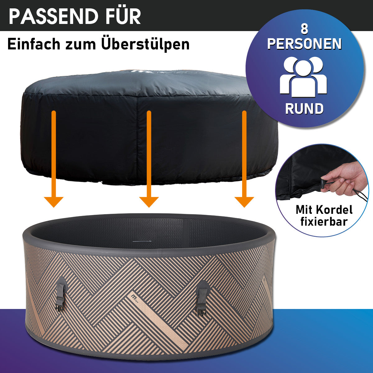 Runde Thermoabdeckung für 8-Personen-Whirlpool, schwarze Oberseite, gemusterter seitlicher Stoff, mit Kordel zur Fixierung.