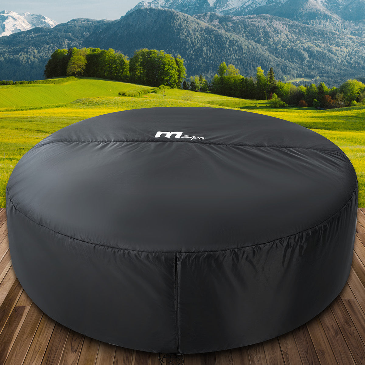 Schwarze Thermoabdeckung für runden MSpa Whirlpool mit elastischem Saum, Outdoor Kulisse.