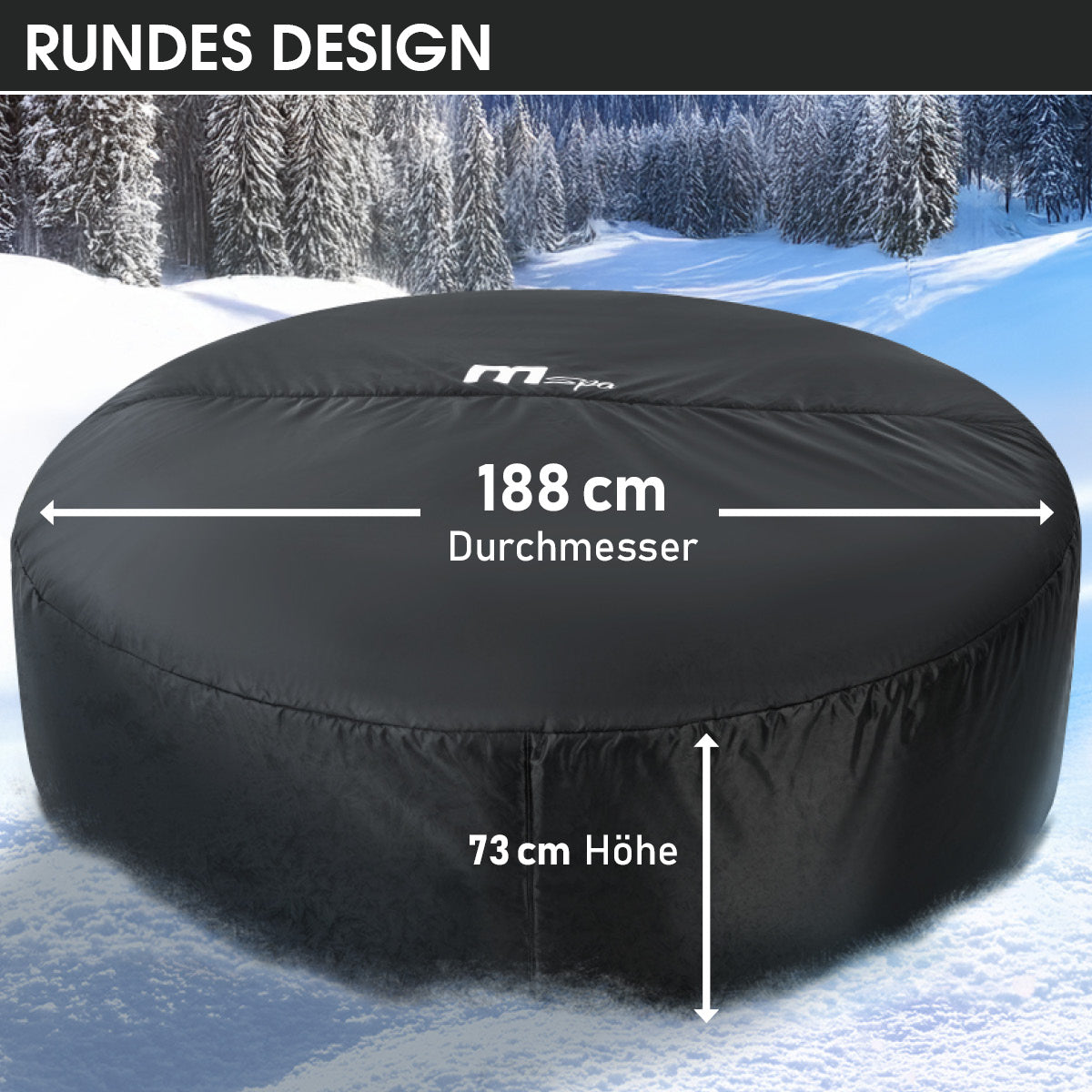 Runde schwarze Thermoabdeckung für MSpa Whirlpools mit 188 cm Durchmesser und 73 cm Höhe.
