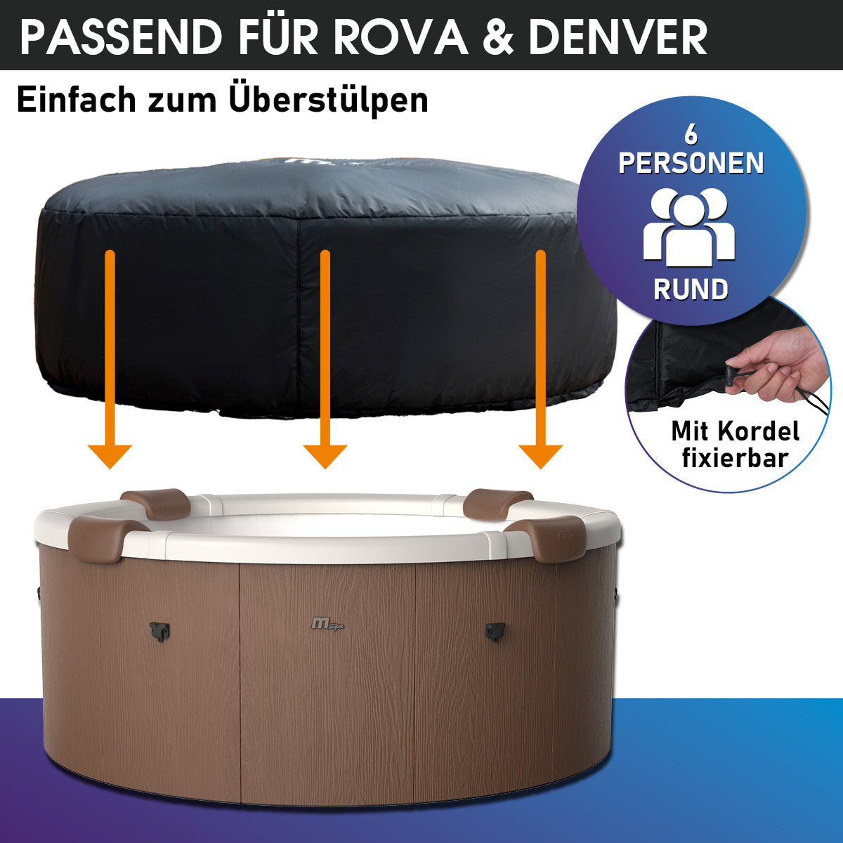 Runde schwarze Thermoabdeckung aus wasserabweisendem Material mit Kordelzug für 6-Personen-Whirlpool.