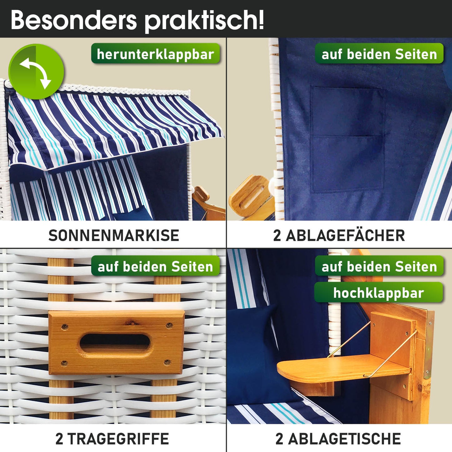 Hellblauer XXL Strandkorb 3-Sitzer Usedom mit wetterfester Ostsee-Streifenmuster, klappbarer Sonnenmarkise, Ablagefächern.