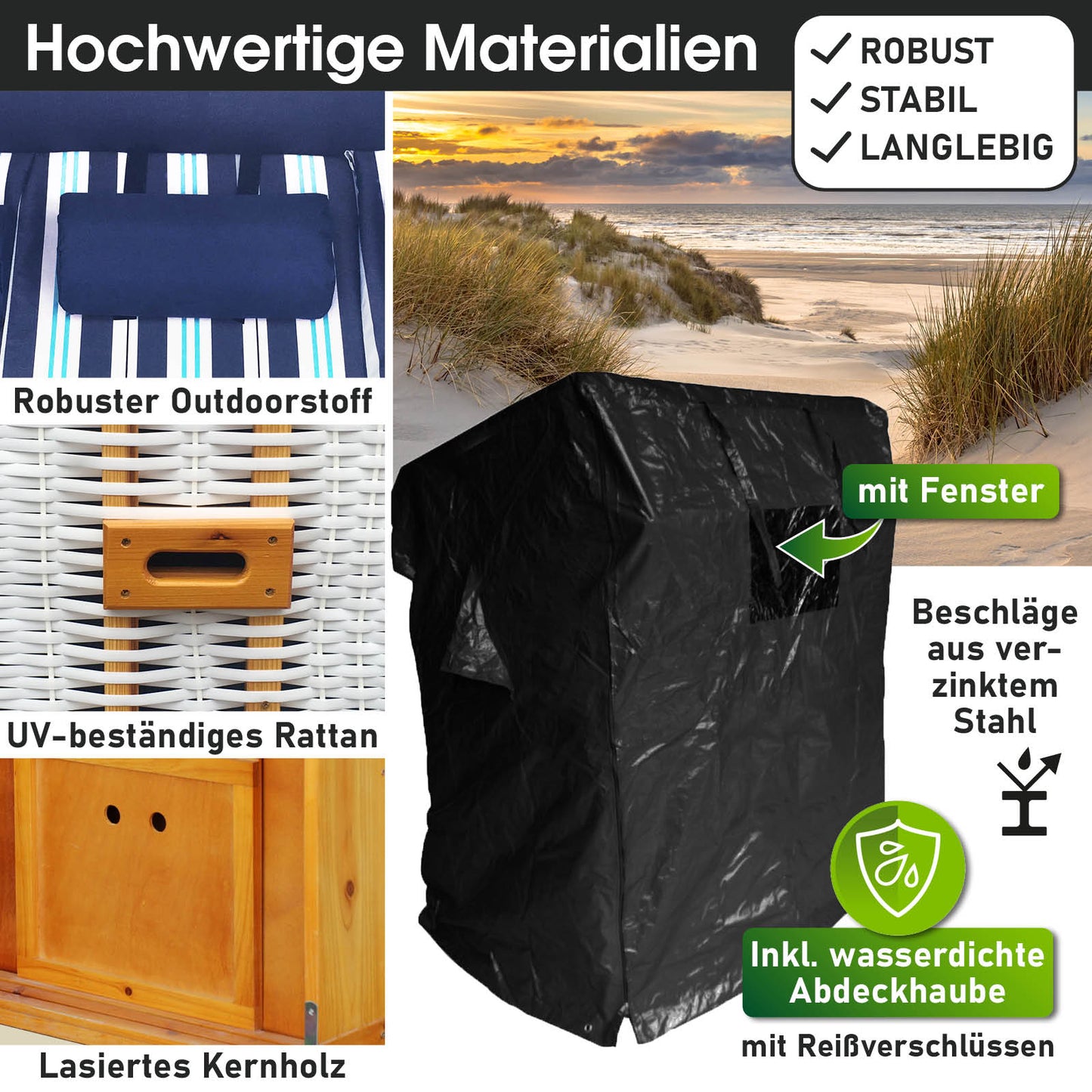 Wetterfeste schwarze Abdeckung für Strandkorb Ostsee, robust, mit Fenster, passend für XXL 3-Sitzer Strandkorb Balkon Nordsee.