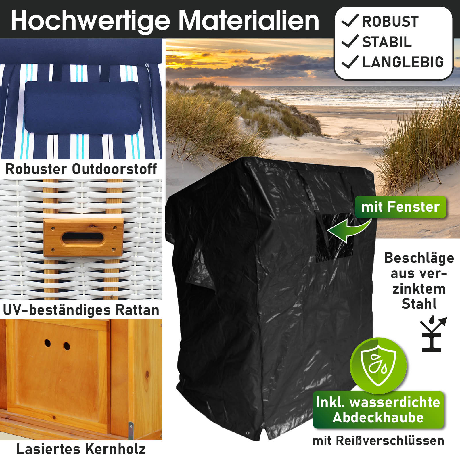 Wetterfeste schwarze Abdeckung für Strandkorb Ostsee, robust, mit Fenster, passend für XXL 3-Sitzer Strandkorb Balkon Nordsee.