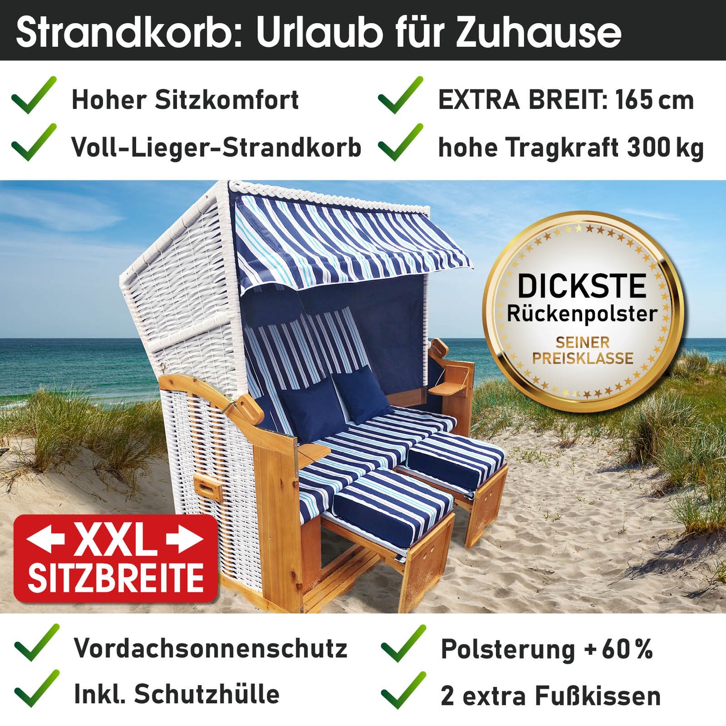XXL Strandkorb 3-Sitzer Usedom hellblau gestreift mit dickster Rückenpolsterung, wetterfest, ideal für Balkon, Ostsee und.