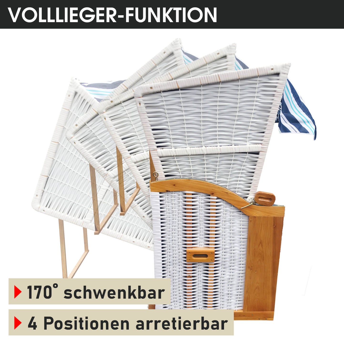 Weißer XXL Strandkorb 3-Sitzer mit hellblau gestreiftem Innenstoff, wetterfester Strandkorb Ostsee mit schwenkbarer.