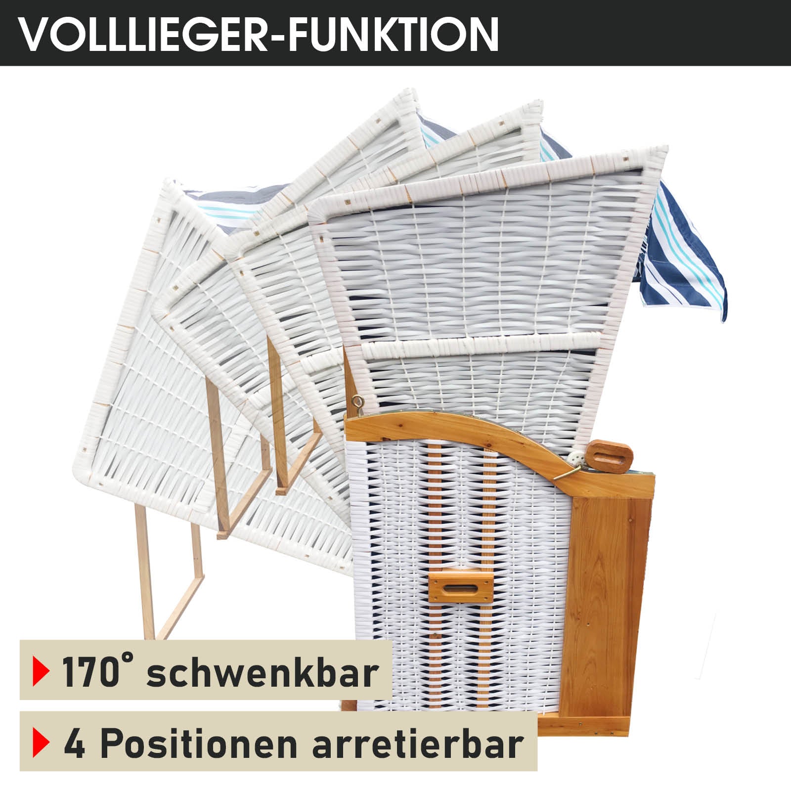 Weißer XXL Strandkorb 3-Sitzer mit hellblau gestreiftem Innenstoff, wetterfester Strandkorb Ostsee mit schwenkbarer.
