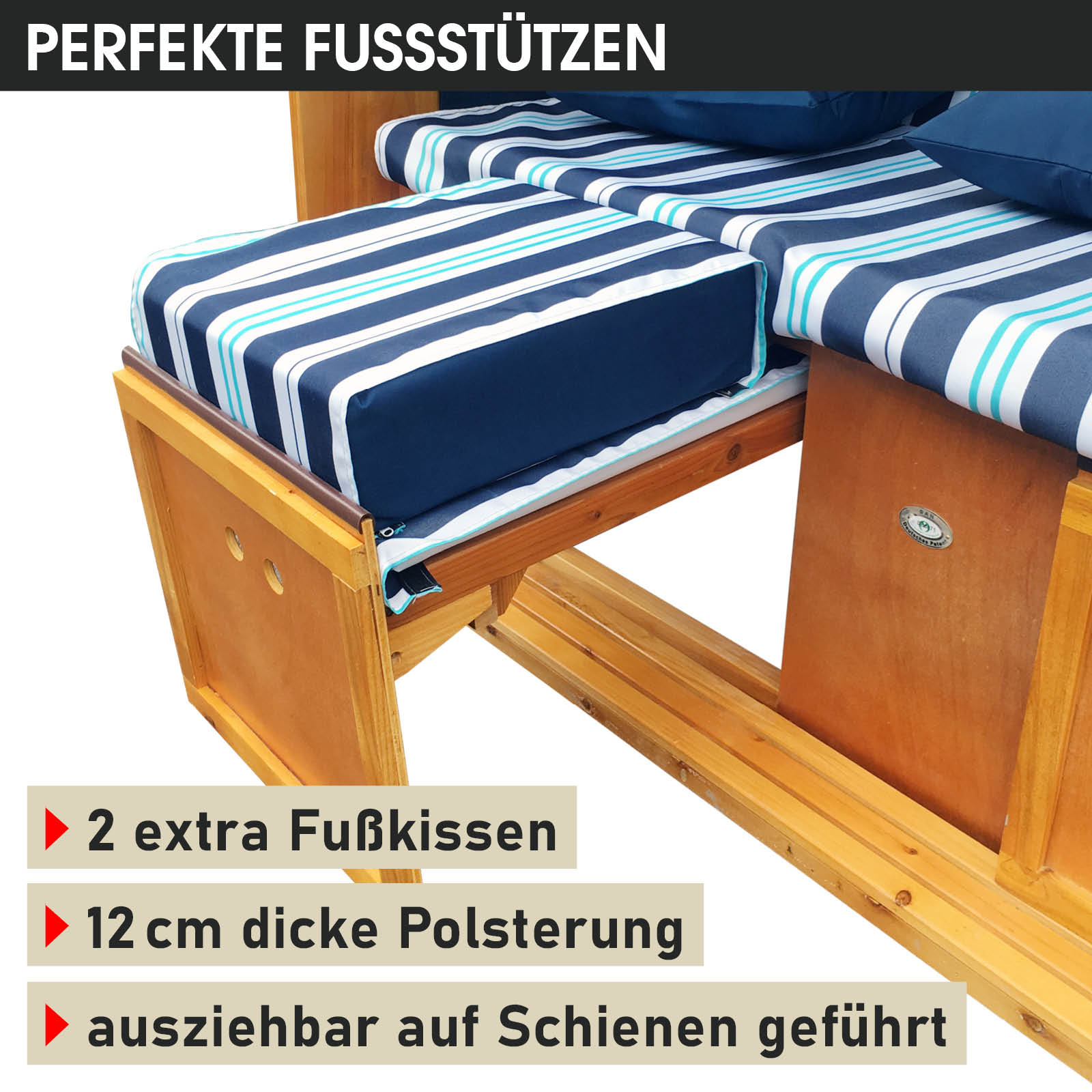 XXL Strandkorb mit hellblauen und weißen Streifen, wetterfeste Polster, ausziehbare Fußstützen, ideal für Balkon, Ostsee und .