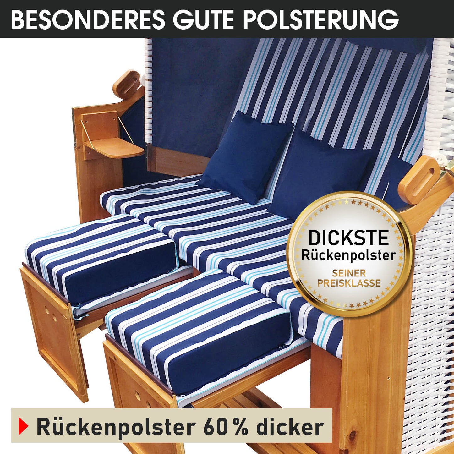 Hellblauer XXL Strandkorb 3-Sitzer mit dicker Rückenpolsterung, wetterfest, ideal für Balkon und Ostsee, Nordsee Strandkorb.
