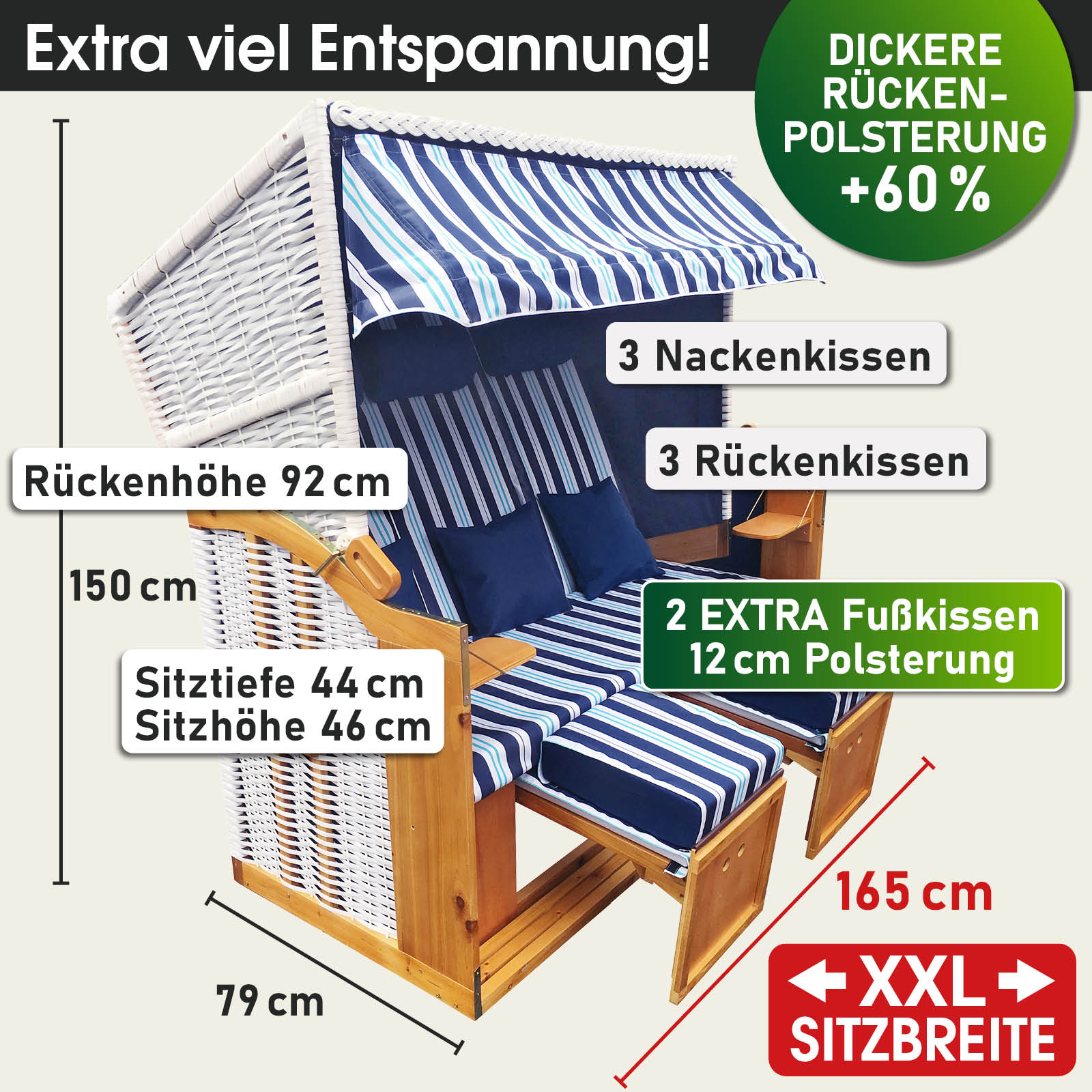 XXL Strandkorb 3-Sitzer Usedom hellblau gestreift mit dicker Rückenpolsterung, wetterfest für Balkon, Ostsee und Nordsee.