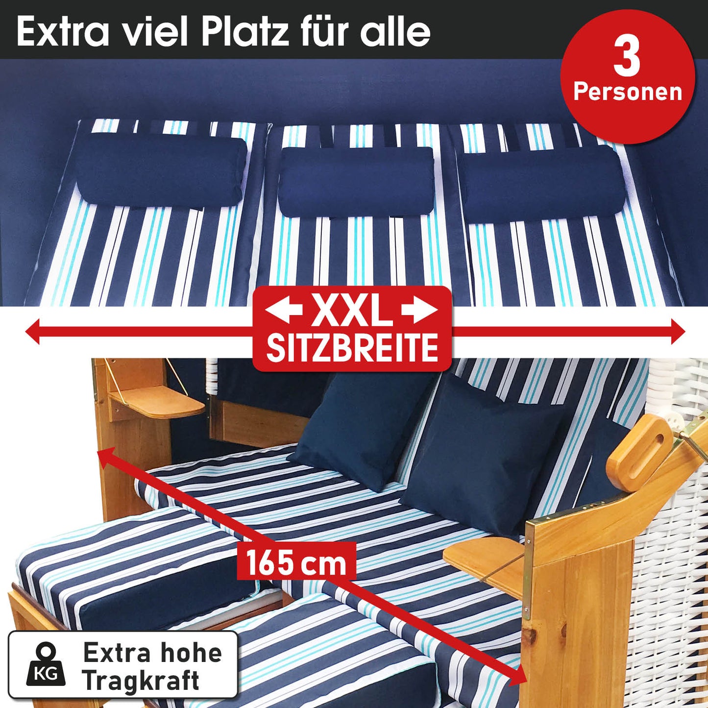 XXL Strandkorb 3-Sitzer Usedom hellblau gestreift wetterfest mit extra breiter Sitzfläche ideal für Balkon und Nordsee Strand.