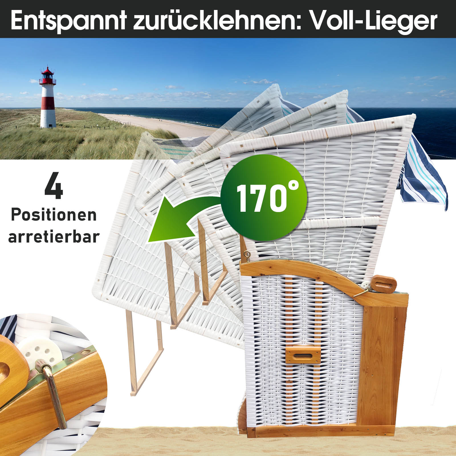 XXL hellblauer Strandkorb 3-Sitzer Usedom mit wetterfestem Flechtmaterial und verstellbarer Rückenlehne perfekt für Balkon,.