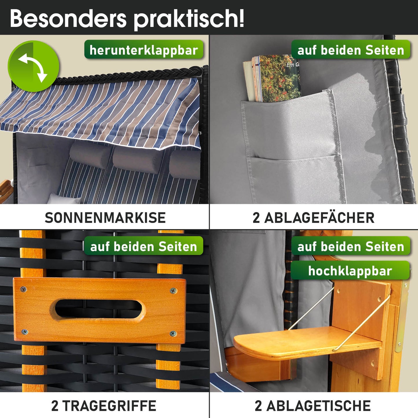 Brauner und blau gestreifter XXL Strandkorb 3-Sitzer mit wetterfestem Stoff, klappbarer Sonnenmarkise, 2 Ablagefächern und.