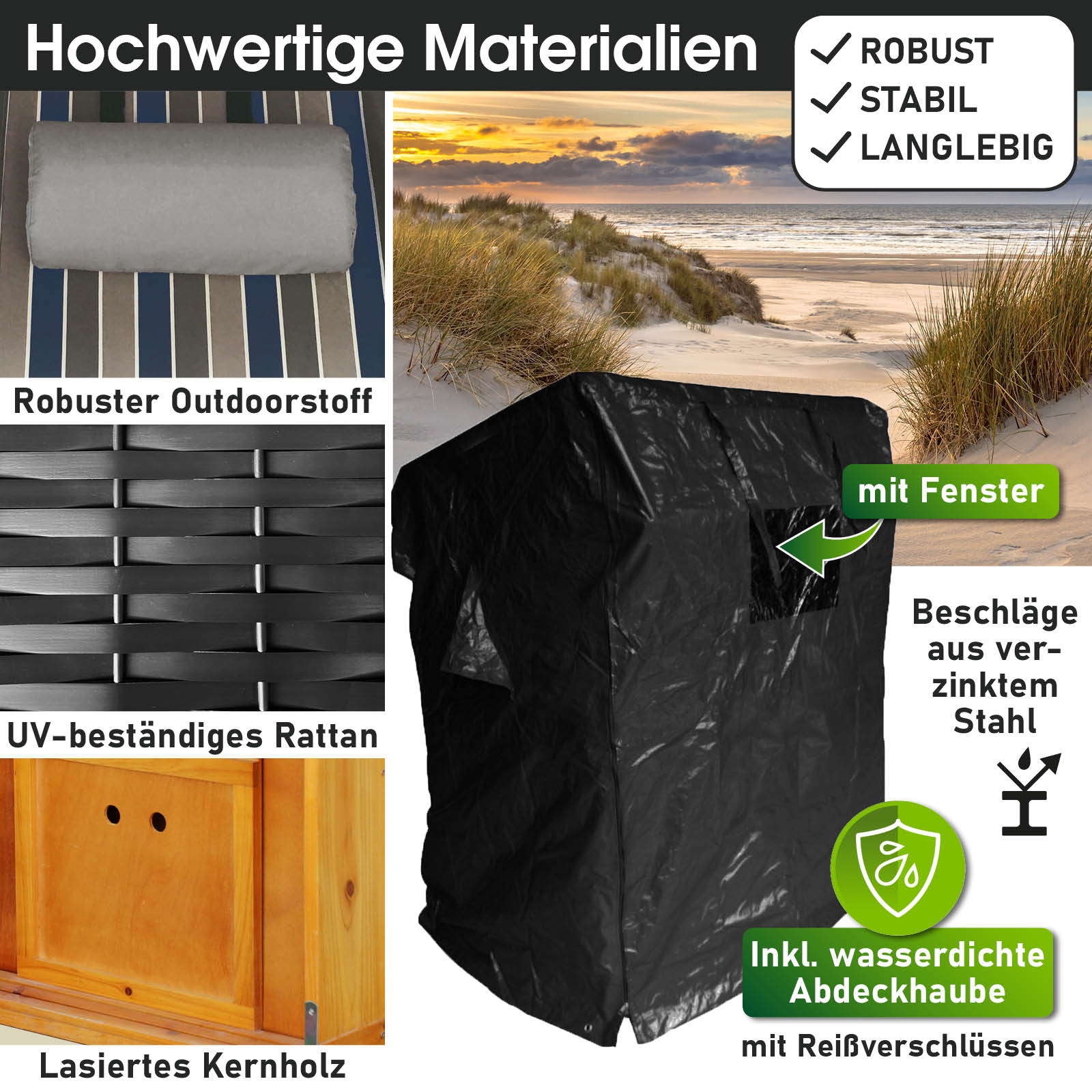 Schwarze, wetterfeste Abdeckhaube mit Sichtfenster für XXL Strandkorb Ostsee und Nordsee Balkon.
