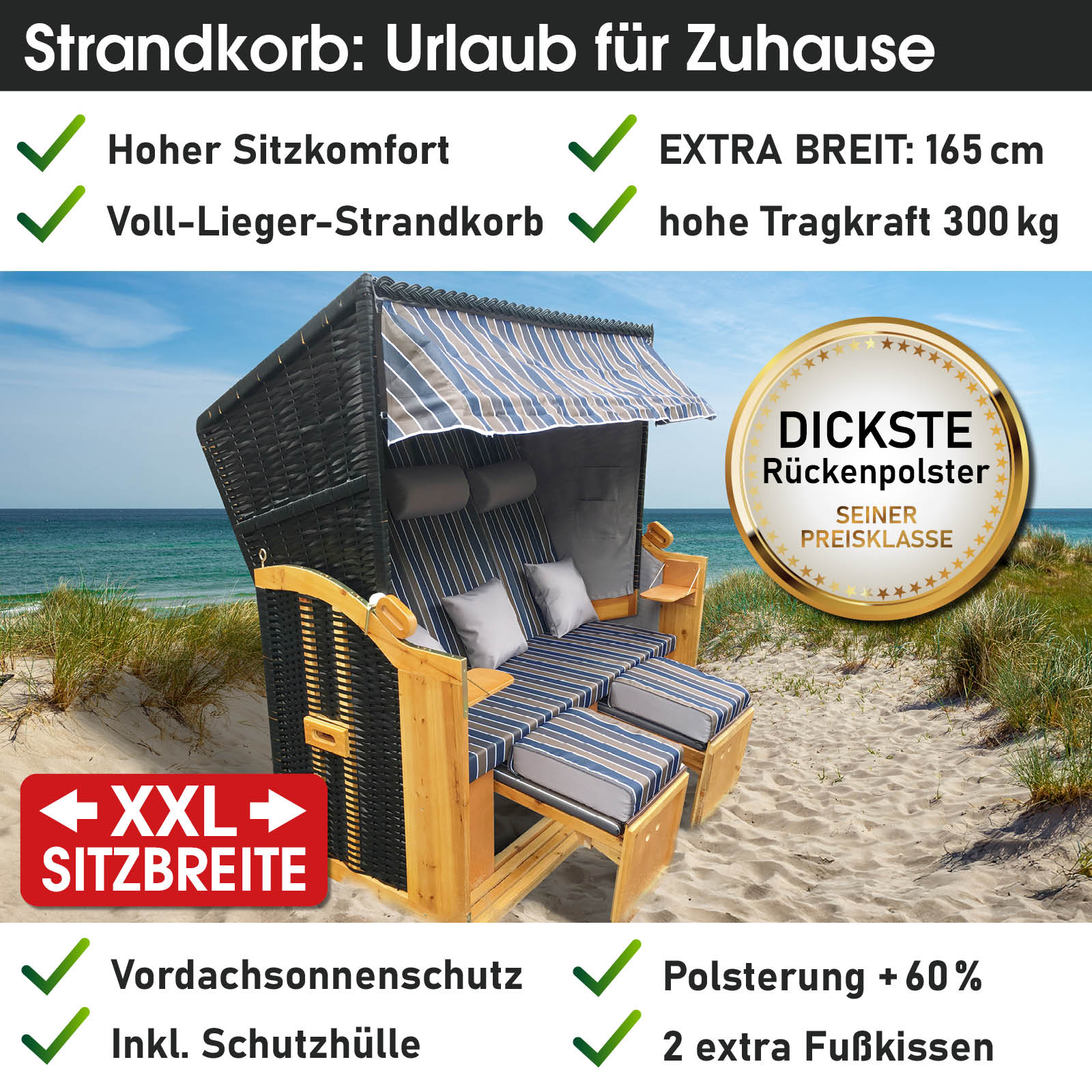 XXL wetterfester Strandkorb 3-Sitzer Usedom mit braun-blau gestreiftem Polster, extra breit für Balkon oder Ostseeurlaub.