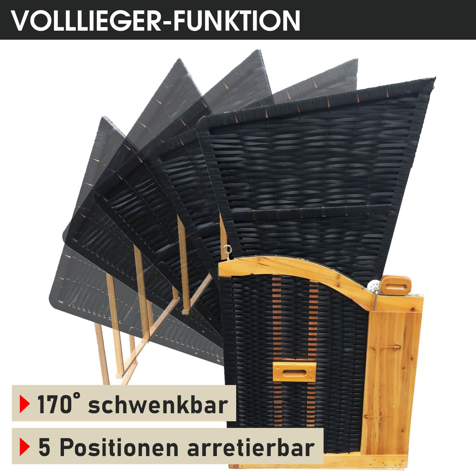 Wetterfester Strandkorb Ostsee mit braunem Geflecht und blau gestreiftem Verdeck, 170° schwenkbar, 5-fach arretierbar, ideal .